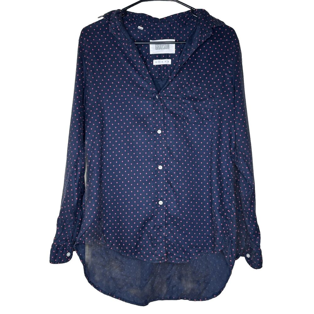 Grayson Womens Sz 2 Small The Hero Long Sleeve Shirt Blue Red Polka Dot Preppy